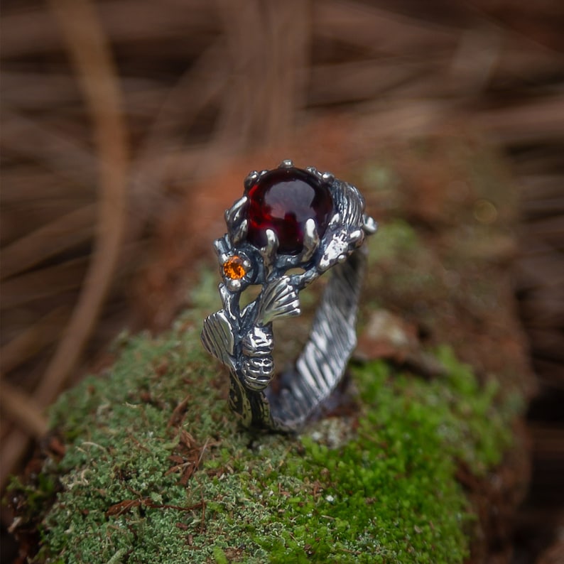 Amber Ring Silver Engagement Ring Amber Jewelry Nature Inspired Promise Ring Branch Wedding Band Squirrel Anniversary Ring image 1