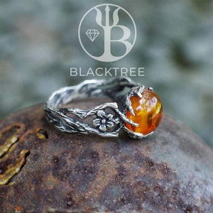 Amber Ring | Nature Lover Gift | Sterling Silver Ring | Statement Gemstone Ring | Boho Engagement Ring | Floral Promise Ring | Amber Jewelry