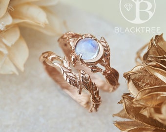 Moonstone Ring Set Luna | 14K Gold Wedding Ring | Nature Ring Set | Leaf Engagement Ring | Vine Branch Engagement Ring June Birthstone Ring