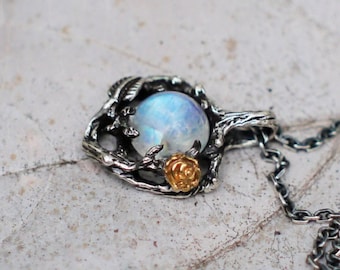 Rainbow Moonstone Necklace For Women &quot;Cleo&quot; | Sterling Silver Necklace | Flower Necklace | Anniversary gifts | Rose Necklace