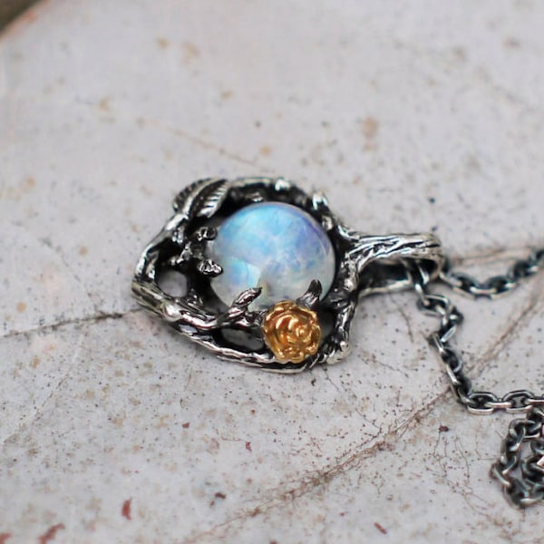 Rainbow Moonstone Necklace For Women "Cleo" | Sterling Silver Necklace | Flower Necklace | Anniversary gifts | Rose Necklace