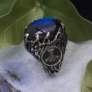 Ring Männer Keltisch Thors Hammer | Wikinger Schmuck nordischen Mythologie Wikinger Ring | Labradorit Krieger Ring Männer | Silber Herrenschmuck