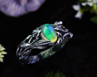 Feueropal Verlobungsring “Elle” | Feueropal Ring Für Frauen | Opal Schmuck | Opalringe | Blumen Ring | Sterling Silber Ring