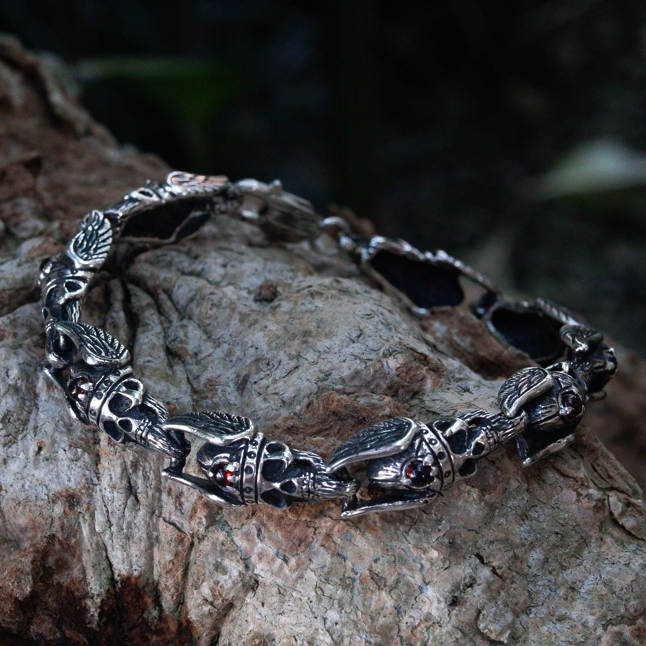 Skull Bracelet No Fear | Silver Mens Bracelet | Garnet Bracelet