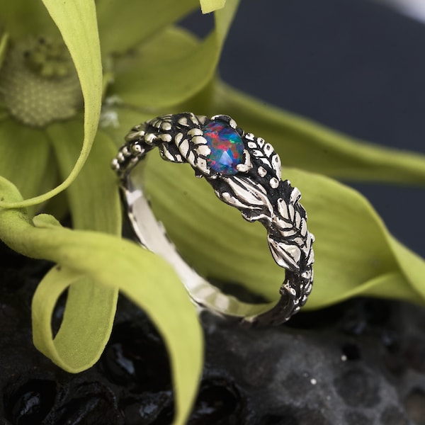 Boulder Fire Opal Ring « Evlin » | Bague en argent sterling | Bague vintage | Anneau de feuille | Bague en pierre de naissance | Anneau floral | Bague de fiançailles