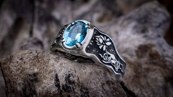 Swiss Blue Topaz ring Mudra Lotus ring Gemstone ring Blue stone ring November birthstone Buddha ring Something blue for bride