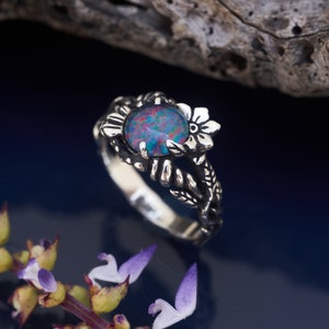 Boulder Fire Opal Ring "Daphne" | Sterling silver ring | Vintage rings for women | Leaf ring | Flower ring | Boulder opal wedding ring