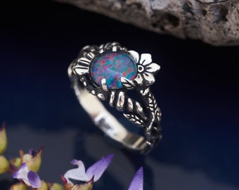 Boulder Fire Opal Ring "Daphne" | Sterling silver ring | Vintage rings for women | Leaf ring | Flower ring | Boulder opal wedding ring