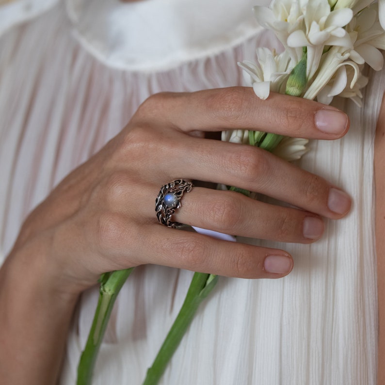 Moonstone Ring Set Primrose June Birthstone Ring Nature Lover Gift Silver Leaf Ring Statement Gemstone Ring Wedding Ring Set image 3