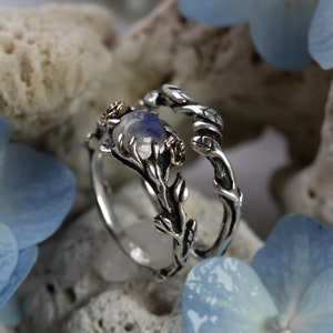 Moonstone Ring Set Primrose June Birthstone Ring Nature Lover Gift Silver Leaf Ring Statement Gemstone Ring Wedding Ring Set image 2