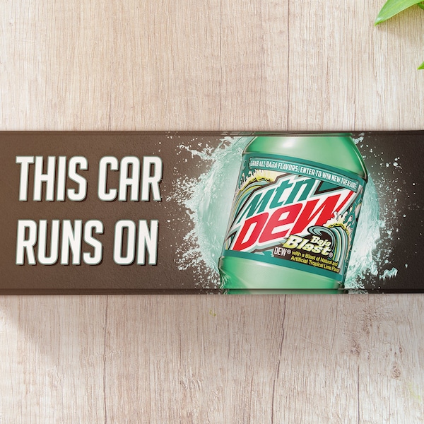 This Car Runs On Mountain Dew Baja Blast - Funny Taco Bell Meme Bumper Sticker, Mountain Dew Joke Gag Gift Sticker, Soda Laptop Decal