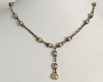 Gift Vintage Art Deco Signed Czech Sapphire Blue Crystal and Faux Pearl Necklace