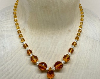 Vintage Art Deco Topaz Coloured & Clear Czech Faceted Teardrop Crystal Necklace - Ideal Retro Party Festive Glamour