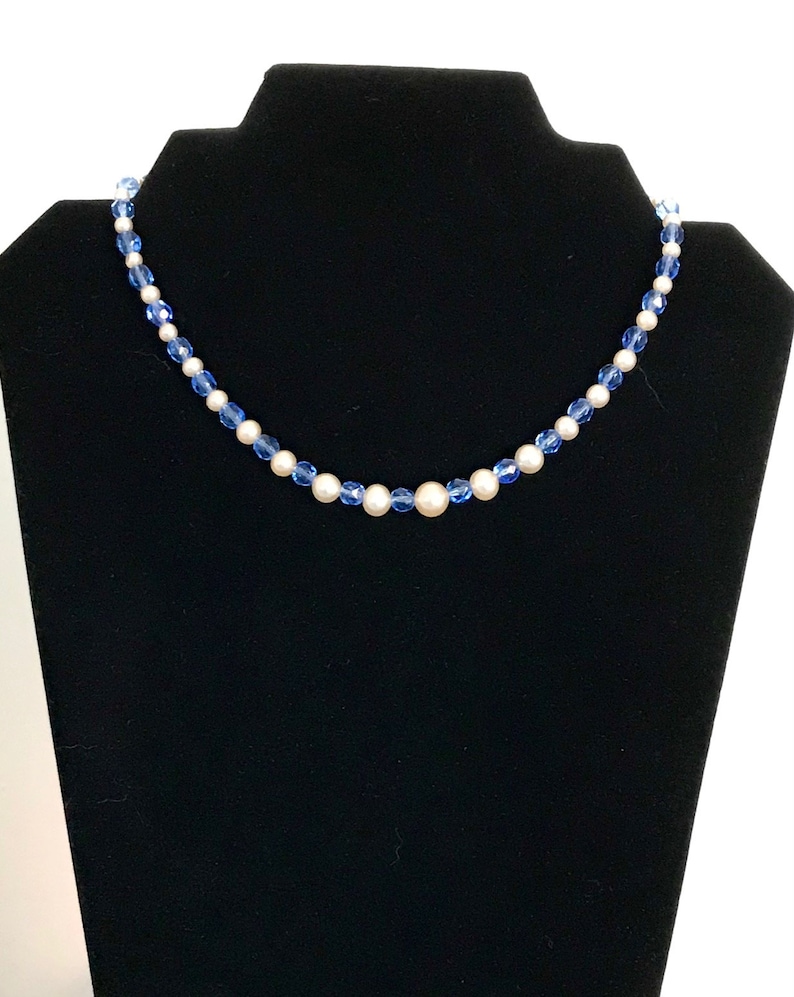 Gift Vintage Art Deco Signed Czech Sapphire Blue Crystal and Faux Pearl Necklace