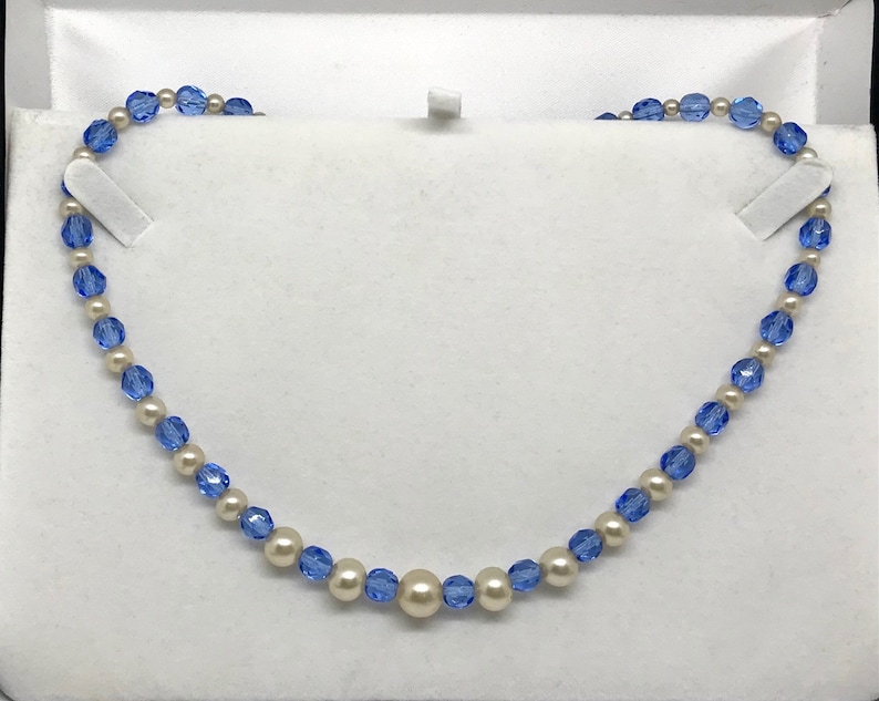 Gift Vintage Art Deco Signed Czech Sapphire Blue Crystal and Faux Pearl Necklace