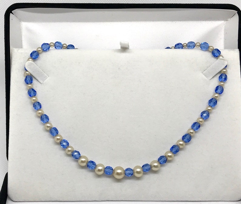 Gift Vintage Art Deco Signed Czech Sapphire Blue Crystal and Faux Pearl Necklace