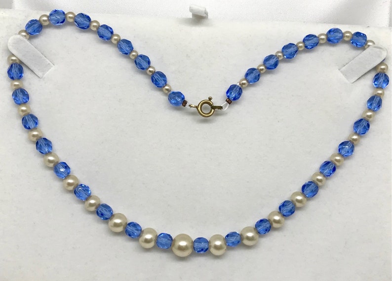 Gift Vintage Art Deco Signed Czech Sapphire Blue Crystal and Faux Pearl Necklace