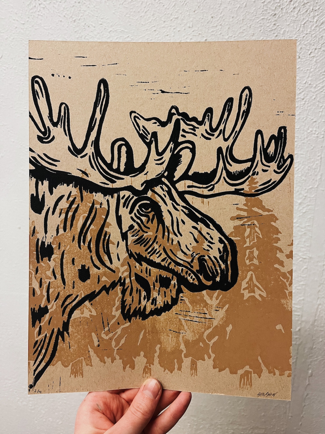 Moose Woodcut Relief Print Etsy