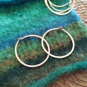 Rose Gold Hoops 1&quot; Hammered 14kt Rose Gold Hoop Earrings Classic Hoops Simple Everyday Hoops Wire Jewelry Gold Rose ~ Gold ~ Sterling Silver