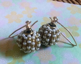 Gold Beaded Bead Drop Earrings with Custom Hammered Earwires Small Gold Dangles Bellanti Jewelry