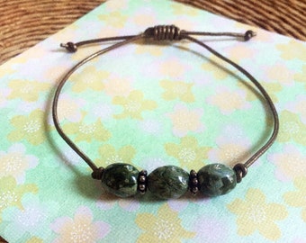 Moss Agate Bronze Leather Slide Knot Bracelet Adjustable Green Gemstone Sliding Knot Bracelet with Silver Accents