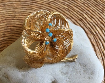 Vintage Direction One Gold Wire Swarovski Crystal Flower Pin/Brooch Goldtone Spun Wire and Rhinestone Flower Brooch