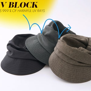 K&ouml;nnte beinhalten: Drei dunkelgraue und braune Stoffh&uuml;te mit breiter Krempe. Die H&uuml;te sind nach unten gefaltet und tragen ein Textetikett mit der Aufschrift "UV BLOCK BLOCKS 99.9% OF HARMFUL UV RAYS".