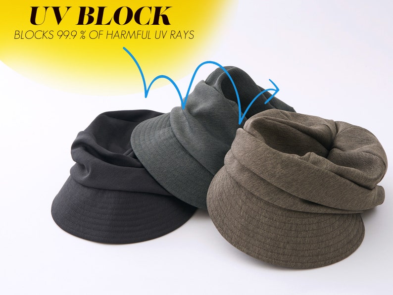 K&ouml;nnte beinhalten: Drei dunkelgraue und braune Stoffh&uuml;te mit breiter Krempe. Die H&uuml;te sind nach unten gefaltet und tragen ein Textetikett mit der Aufschrift "UV BLOCK BLOCKS 99.9% OF HARMFUL UV RAYS".