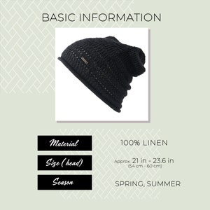May include: A black slouchy beanie hat with a textured knit pattern and a small rectangular metal tag on the side. The text BASIC INFORMATION, 100% LINEN, and head size of approximately 21 inches to 23.6 inches are visible in the image.