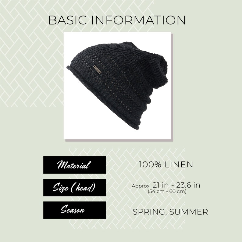 May include: A black slouchy beanie hat with a textured knit pattern and a small rectangular metal tag on the side. The text BASIC INFORMATION, 100% LINEN, and head size of approximately 21 inches to 23.6 inches are visible in the image.