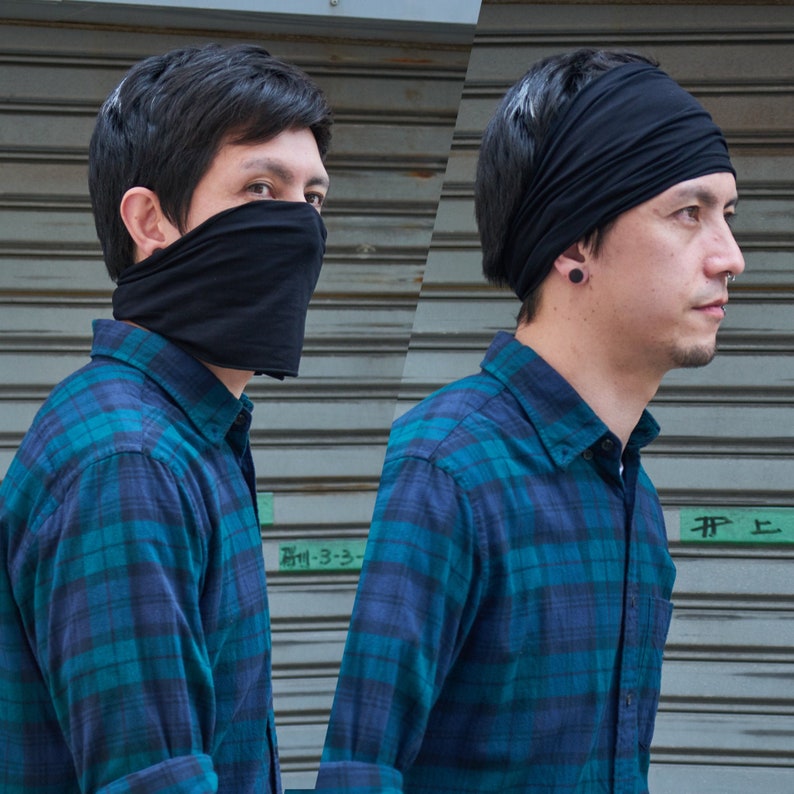 May include: Two people wearing blue and black plaid shirts. One person is wearing a black face mask and the other is wearing a black headband. The text "#F 上" is visible in the background.