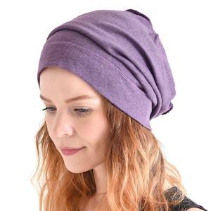 Chemo Headwear 100% Organic Cotton Slouchy Beanie, Soft Medical Hat for Sensitive Skin Purple