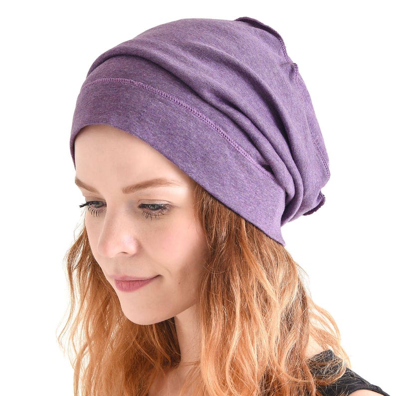Chemo Headwear 100% Organic Cotton Slouchy Beanie, Soft Medical Hat for Sensitive Skin Purple