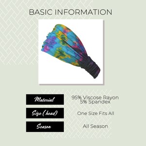 Puede incluir: Una diadema te&ntilde;ida con un vibrante mix de tonos azules, amarillos y morados. La diadema est&aacute; hecha de 95% Ray&oacute;n Viscosa y 5% Spandex. El texto "BASIC INFORMATION" est&aacute; en la parte superior.