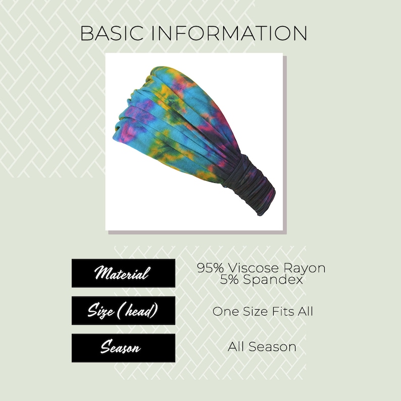 Puede incluir: Una diadema te&ntilde;ida con un vibrante mix de tonos azules, amarillos y morados. La diadema est&aacute; hecha de 95% Ray&oacute;n Viscosa y 5% Spandex. El texto "BASIC INFORMATION" est&aacute; en la parte superior.