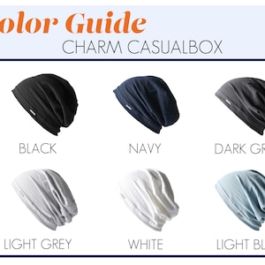 Pode incluir: Guia de cores para gorros Charm Casualbox em preto, azul marinho, cinza escuro, cinza claro, branco e azul claro.