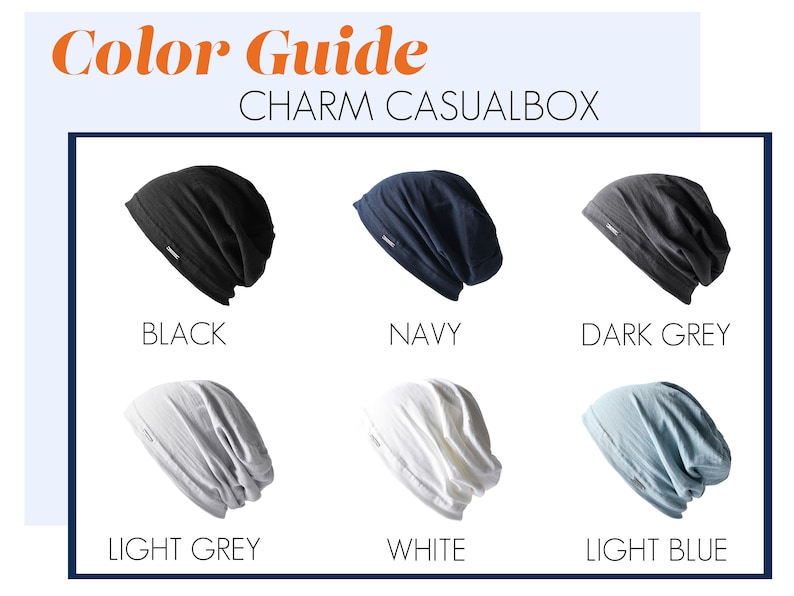 Pode incluir: Guia de cores para gorros Charm Casualbox em preto, azul marinho, cinza escuro, cinza claro, branco e azul claro.