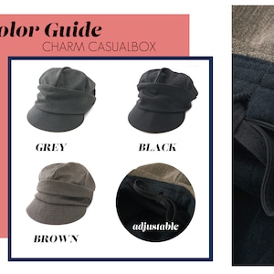 K&ouml;nnte beinhalten: Farbguide CHARM CASUALBOX: Nahaufnahme von drei verschiedenenfarbigen H&uuml;ten. Die H&uuml;te sind grau, schwarz und braun. Die H&uuml;te sind alle im gleichen Stil, mit einem umgeklappten Rand und einem verstellbaren Riemen hinten. Die H&uuml;te sind aus einem weichen, bequemen Stoff.