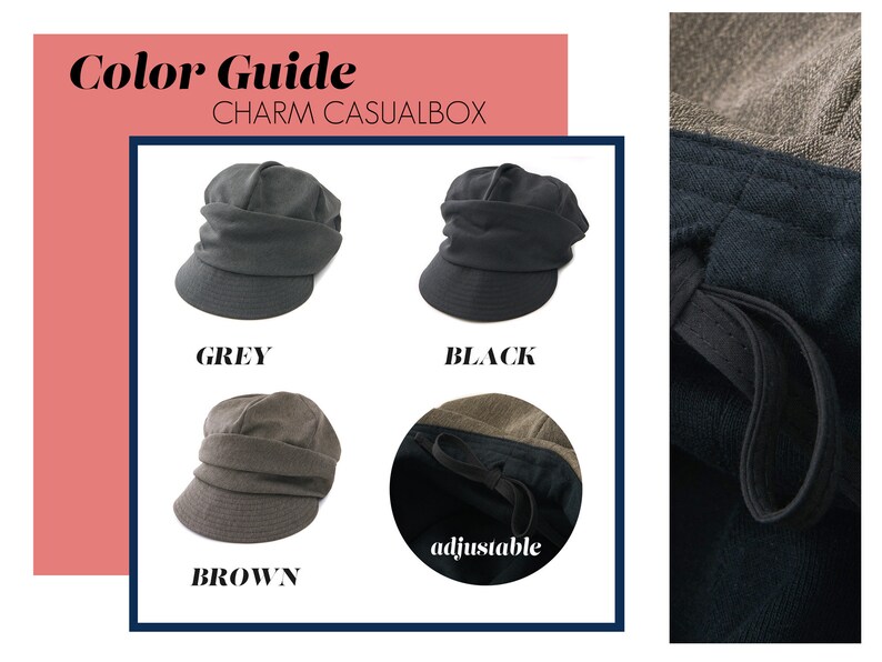K&ouml;nnte beinhalten: Farbguide CHARM CASUALBOX: Nahaufnahme von drei verschiedenenfarbigen H&uuml;ten. Die H&uuml;te sind grau, schwarz und braun. Die H&uuml;te sind alle im gleichen Stil, mit einem umgeklappten Rand und einem verstellbaren Riemen hinten. Die H&uuml;te sind aus einem weichen, bequemen Stoff.