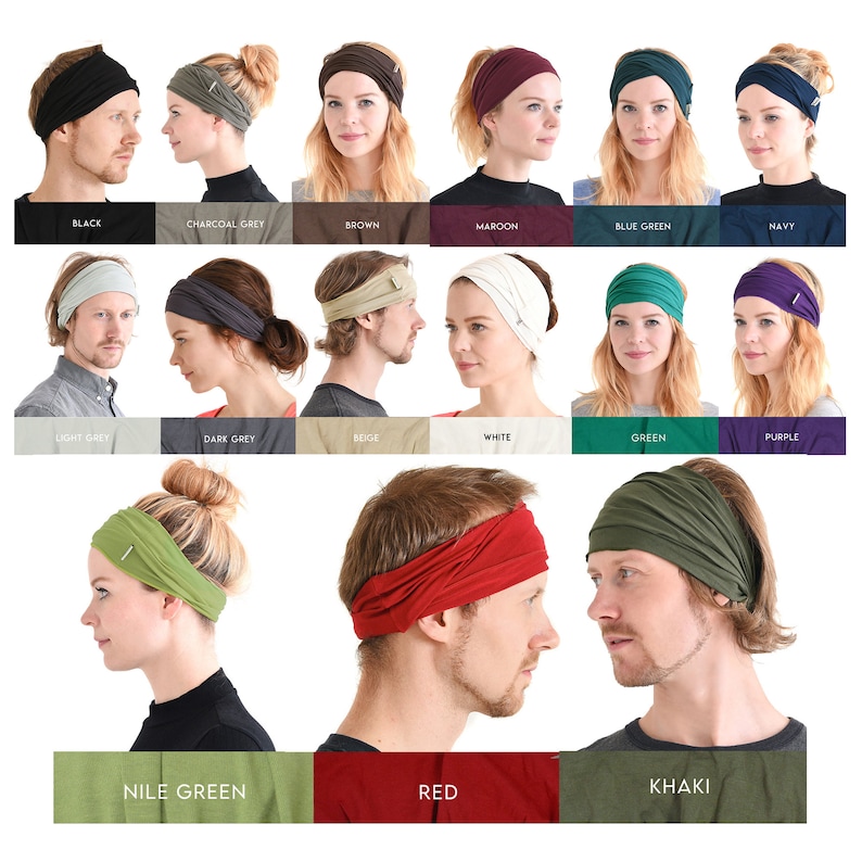 May include: A collage of 15 different colored headbands, each worn by a different person. The headbands are made of a soft, stretchy fabric and are available in a variety of colors, including black, brown, maroon, blue green, navy, light grey, dark grey, beige, white, green, purple, nile green, red, and khaki.