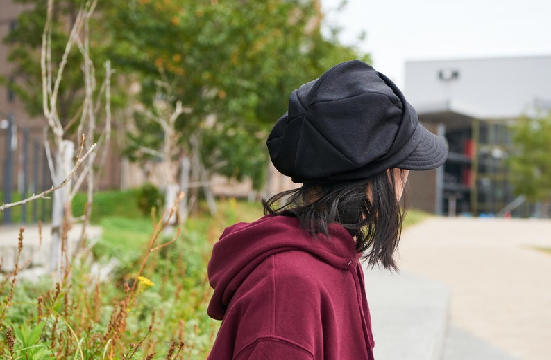 Organic Cotton Newsboy Flat Cap, Womens Summer Hat, Mens Oversized Slouch Hat, Scally Cap, Chemo Hat, Baker Boy Cap Black