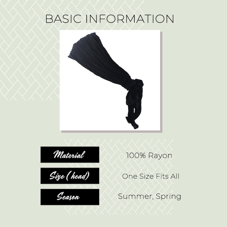 May include: Black rayon headband with a knotted design. The headband is made of 100% rayon and is one size fits all. It is suitable for summer and spring.