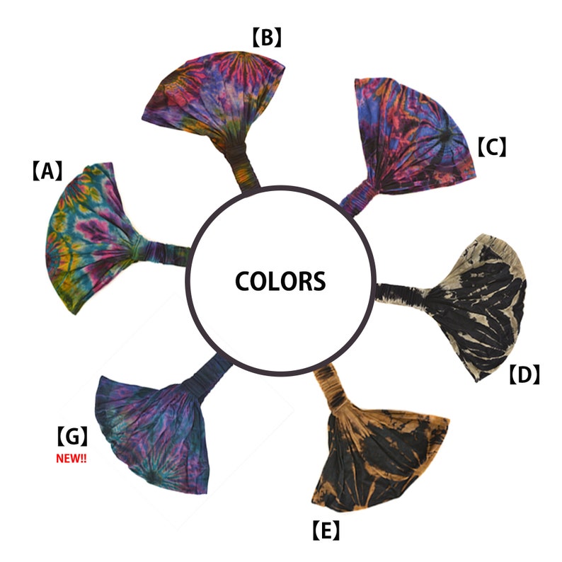 Puede incluir: Una colecci&oacute;n de diademas te&ntilde;idas con efecto tie-dye en varios colores, incluyendo azul, verde, morado y marr&oacute;n. La palabra "COLORS" est&aacute; en un c&iacute;rculo blanco en el centro. Los estilos de diademas est&aacute;n etiquetados con las letras A a G, con "NEW!!" junto a la diadema G.