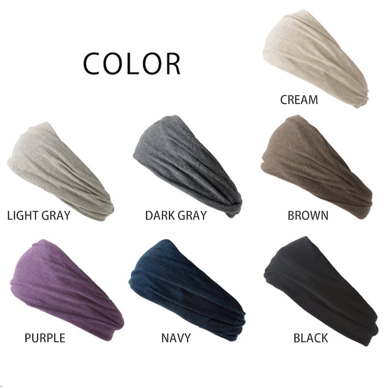 May include: A set of ten headbands in various colors, including cream, light gray, dark gray, brown, purple, navy, and black. The headbands are made of a soft, stretchy fabric and are perfect for keeping hair out of your face.