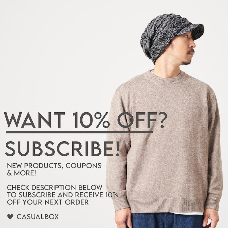 May include: A person wearing a brown sweater and a black and gray knit beanie with a brim. The text "WANT 10% OFF? SUBSCRIBE! NEW PRODUCTS, COUPONS & MORE! CHECK DESCRIPTION BELOW TO SUBSCRIBE AND RECEIVE 10% OFF YOUR NEXT ORDER CASUALBOX" is displayed on the image.
