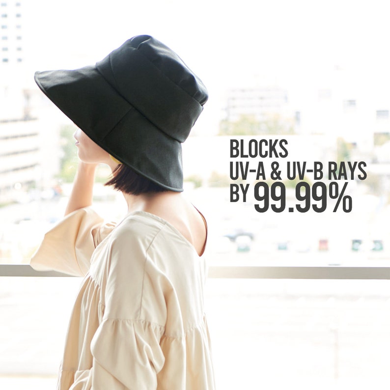May include: A black wide-brimmed sun hat with a fold-down crown. The hat blocks UV-A & UV-B rays by 99.99%.