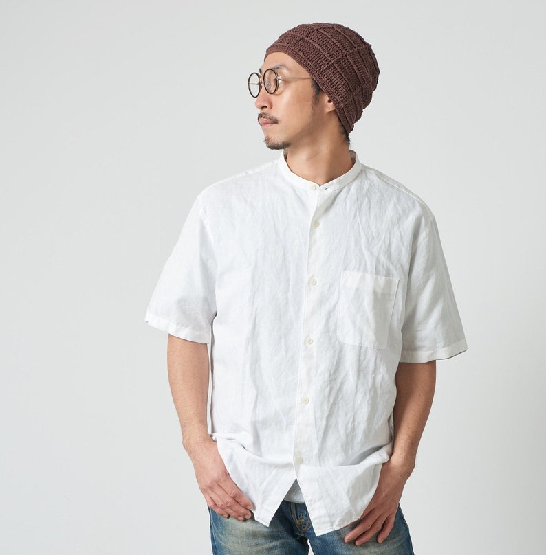Japanese male wearing a year-round sumer winter brown block crochet slouchy beanie for men and women