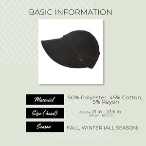 Puede incluir: Sombrero negro de ala ancha con un borde ligeramente curvado. El sombrero est&aacute; hecho de 50% poli&eacute;ster, 45% algod&oacute;n y 5% ray&oacute;n. El sombrero es adecuado para oto&ntilde;o e invierno y se adapta a tama&ntilde;os de cabeza de aproximadamente 54 a 60 cm (21 a 23,6 pulgadas).