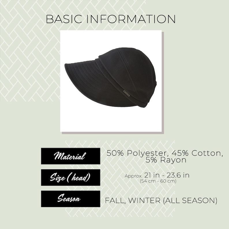 Puede incluir: Sombrero negro de ala ancha con un borde ligeramente curvado. El sombrero est&aacute; hecho de 50% poli&eacute;ster, 45% algod&oacute;n y 5% ray&oacute;n. El sombrero es adecuado para oto&ntilde;o e invierno y se adapta a tama&ntilde;os de cabeza de aproximadamente 54 a 60 cm (21 a 23,6 pulgadas).