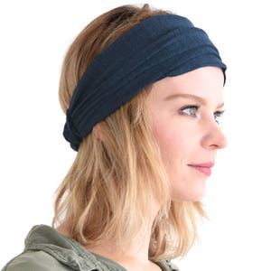 100% Linen Headband Bandana, Natural Materials, Elastic Hairband, Sports, Yoga, Active Fashion Wrap, Womens, Mens Turban Head Band Bandana Navy